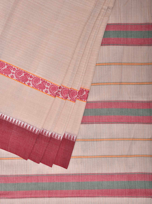 White and Light Red Narayanpet Cotton Handloom Saree with Strips Design No Blouse np1254