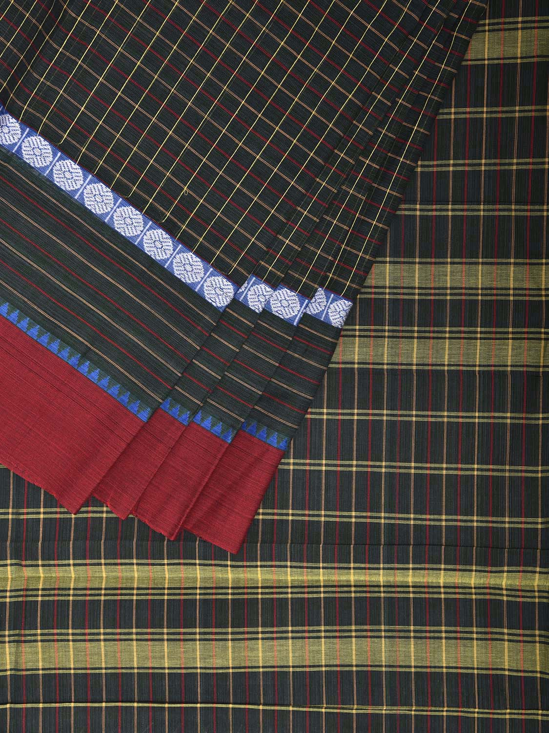 Dark Green and Red Narayanpet Cotton Handloom Saree with Checks Design No Blouse np1256