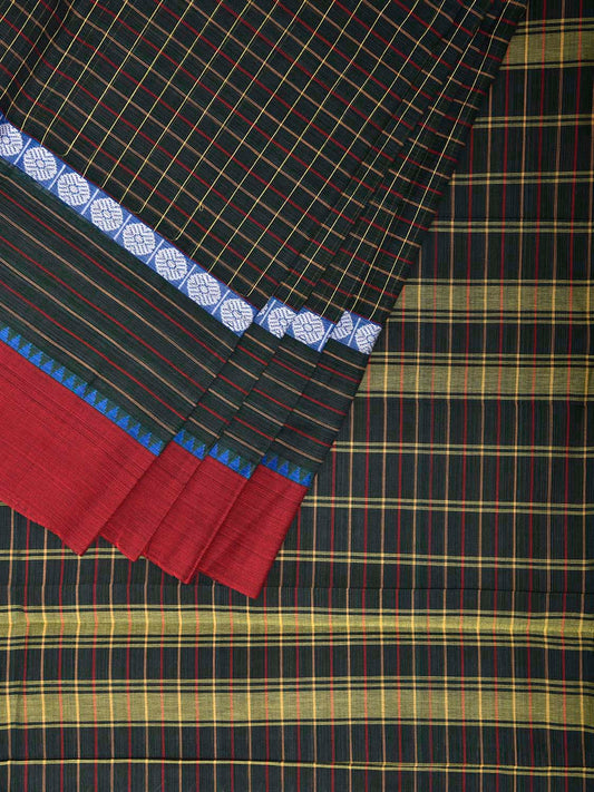 Dark Green and Red Narayanpet Cotton Handloom Saree with Checks Design No Blouse np1256