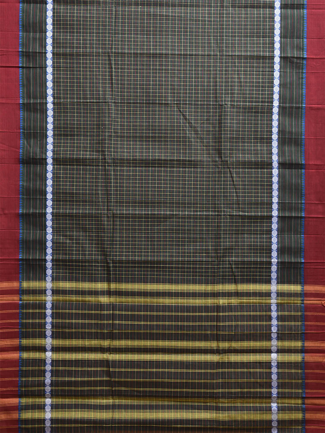 Dark Green and Red Narayanpet Cotton Handloom Saree with Checks Design No Blouse np1256