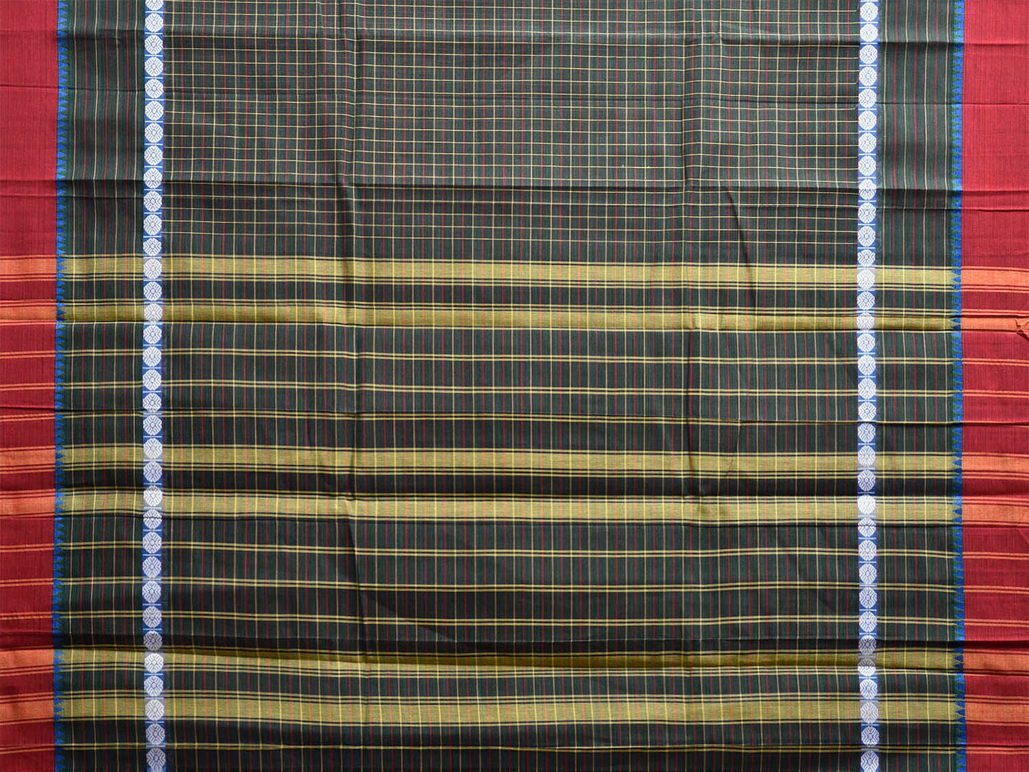 Dark Green and Red Narayanpet Cotton Handloom Saree with Checks Design No Blouse np1256