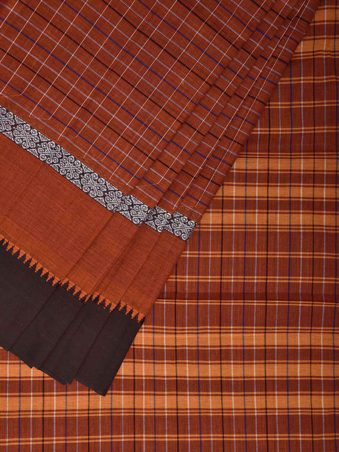 Orange and Black Narayanpet Cotton Handloom Saree with Checks and Big Border Design No Blouse np1258