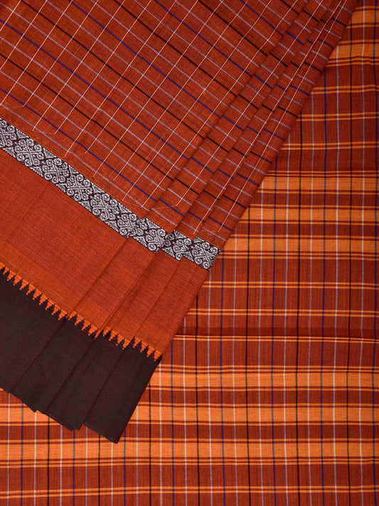 Orange and Black Narayanpet Cotton Handloom Saree with Checks and Big Border Design No Blouse np1258