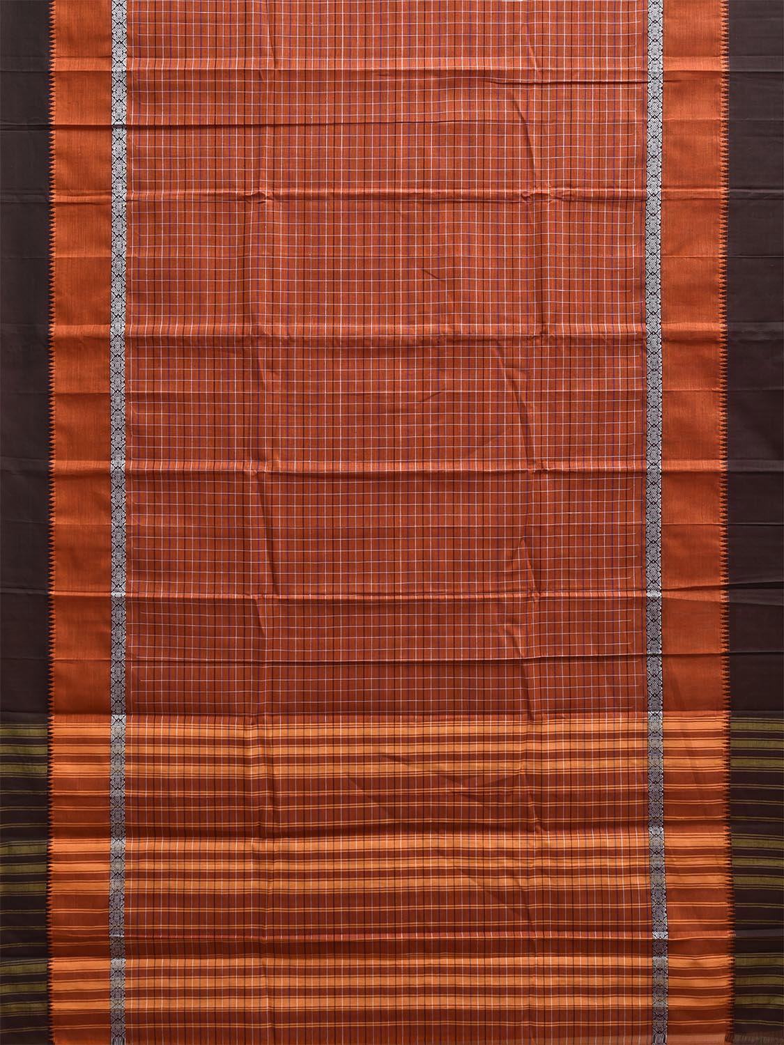 Orange and Black Narayanpet Cotton Handloom Saree with Checks and Big Border Design No Blouse np1258