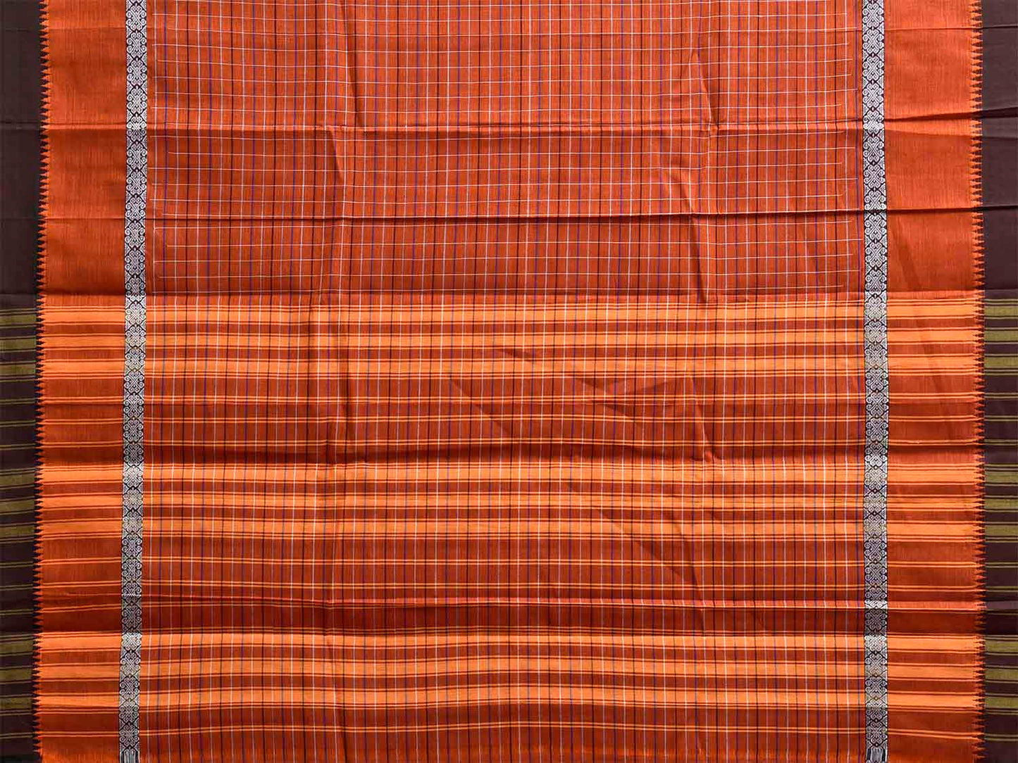 Orange and Black Narayanpet Cotton Handloom Saree with Checks and Big Border Design No Blouse np1258