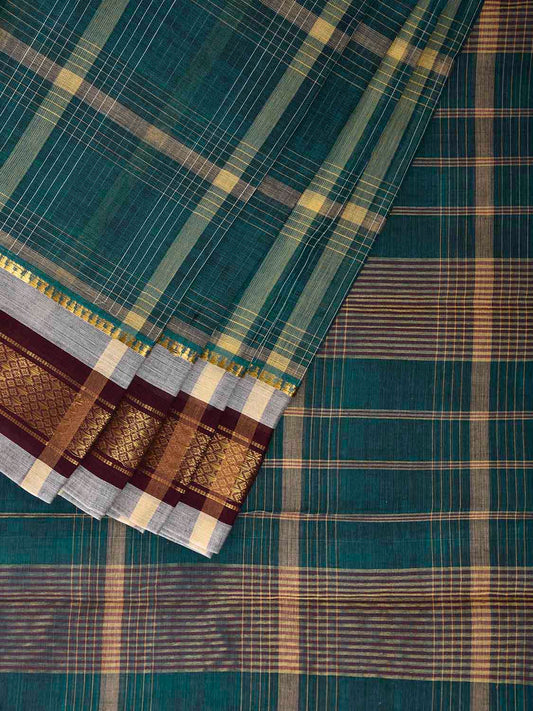 Teal and White Narayanpet Cotton Handloom Saree with Big Checks Design No Blouse np1260
