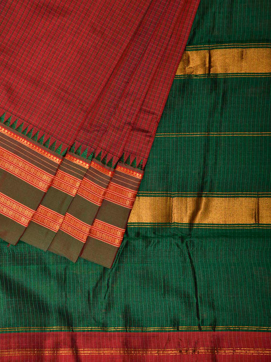 Dark Red and Green Narayanpet Silk Saree with Checks and Contrast Pallu Design No Blouse np1262