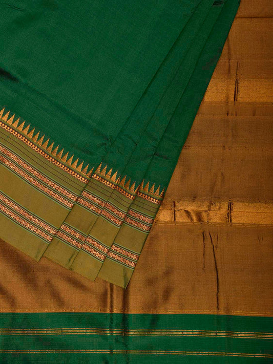 Green and Mustard Narayanpet Silk Plain Saree with Contrast Pallu Design No Blouse np1263