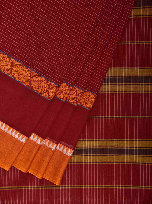 Maroon and Yellow Narayanpet Cotton Handloom Saree with Strips and Big Border Design No Blouse np1265