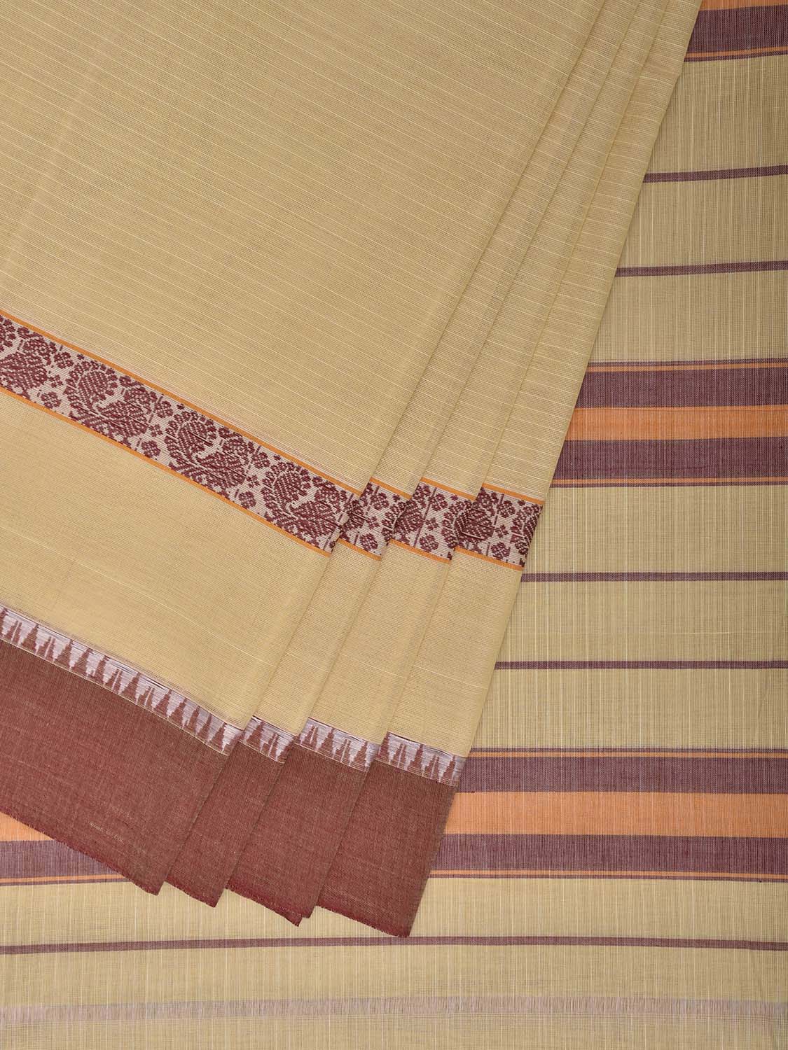 Beige and Maroon Narayanpet Cotton Handloom Saree with Strips and Big Border Design No Blouse np1267