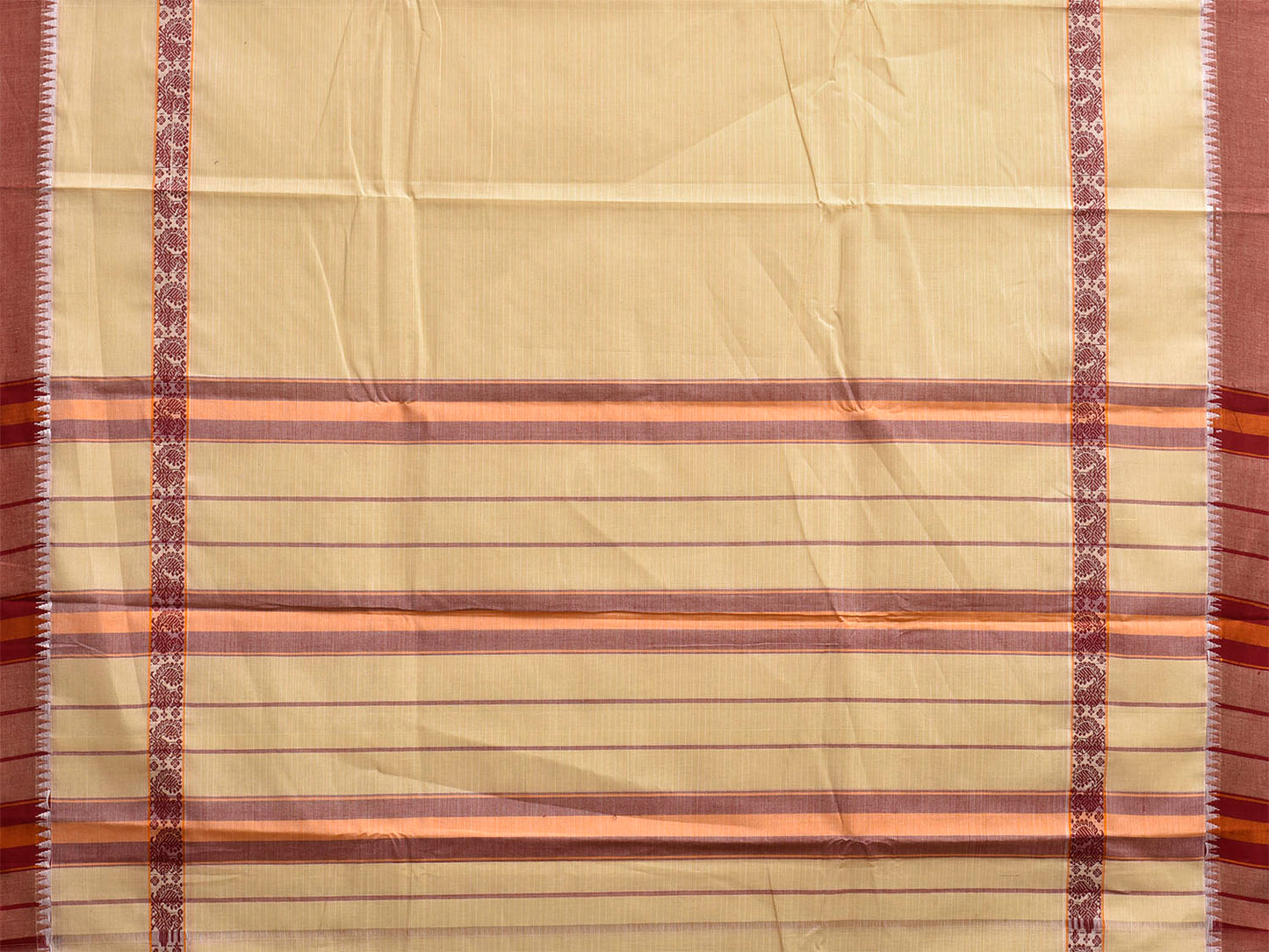 Beige and Maroon Narayanpet Cotton Handloom Saree with Strips and Big Border Design No Blouse np1267