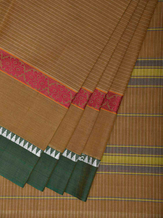 Olive and Green Narayanpet Cotton Handloom Saree with Strips and Big Border Design No Blouse np1268