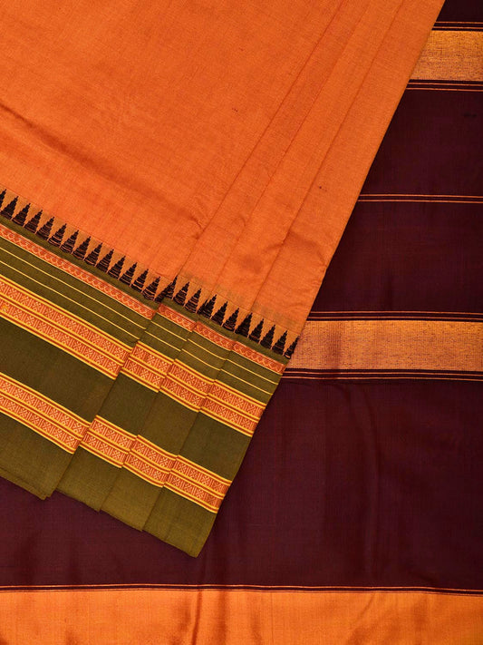 Orange and Brown Narayanpet Silk Handloom Plain Saree with Contrast Pallu Design No Blouse np1269
