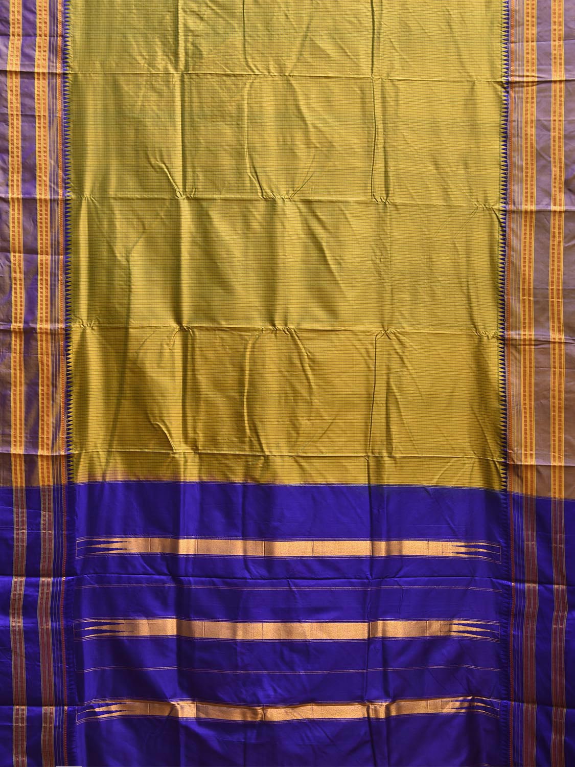 Olive and Blue Narayanpet Silk Handloom Saree with Checks and Contrast Pallu Design No Blouse np1270
