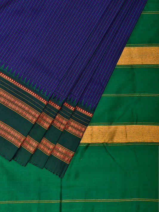 Dark Blue and Green Narayanpet Silk Handloom Saree with Checks and Contrast Pallu Design No Blouse np1271