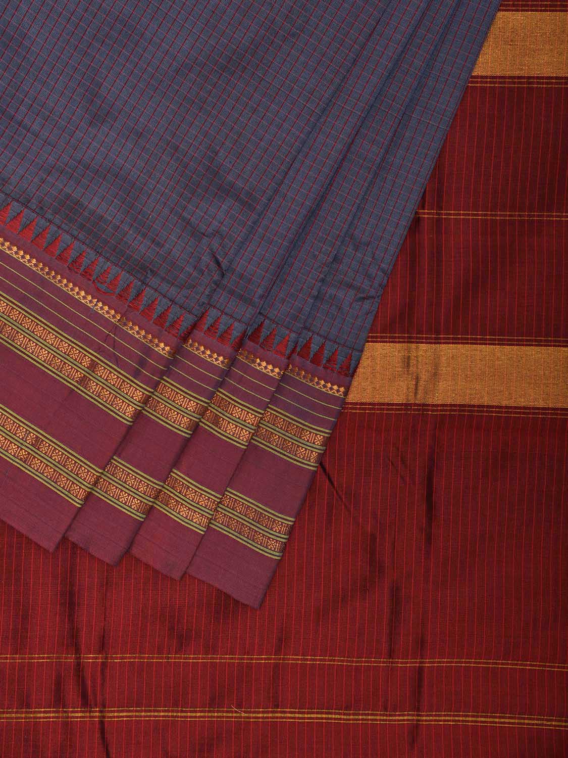 Grey and Red Narayanpet Silk Handloom Saree with Checks and Contrast Pallu Design No Blouse np1272
