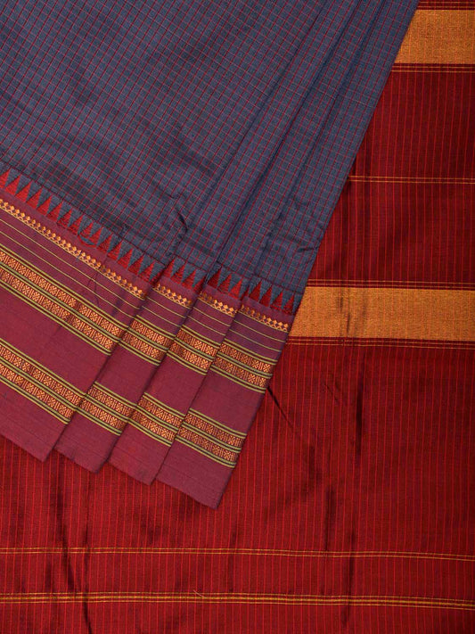 Grey and Red Narayanpet Silk Handloom Saree with Checks and Contrast Pallu Design No Blouse np1272