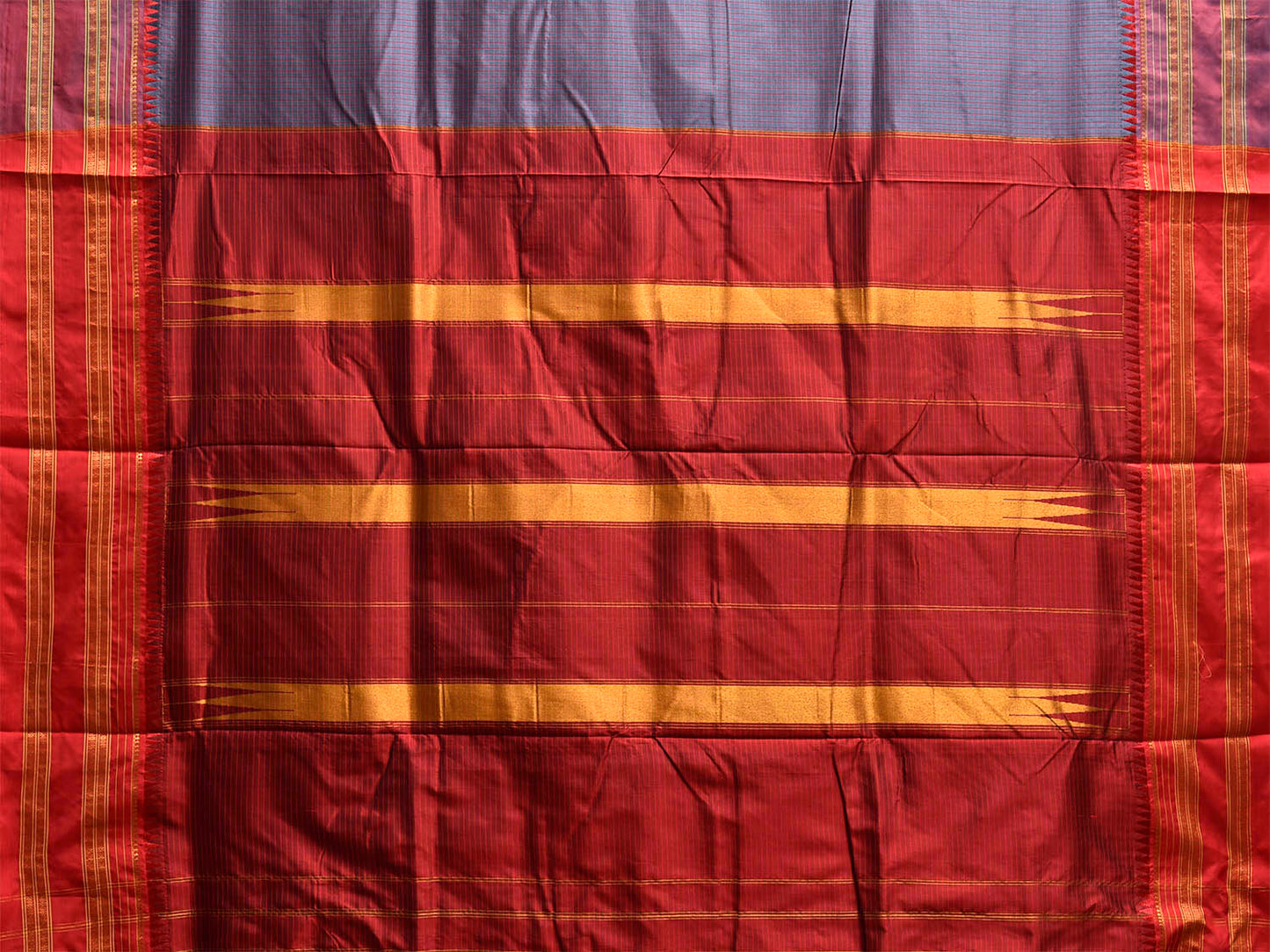 Grey and Red Narayanpet Silk Handloom Saree with Checks and Contrast Pallu Design No Blouse np1272