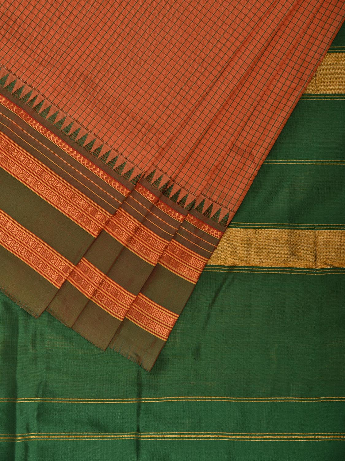 Peach and Green Narayanpet Silk Handloom Saree with Checks and Contrast Pallu Design No Blouse np1273