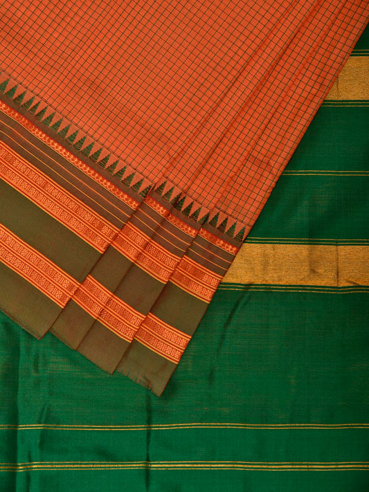 Peach and Green Narayanpet Silk Handloom Saree with Checks and Contrast Pallu Design No Blouse np1273