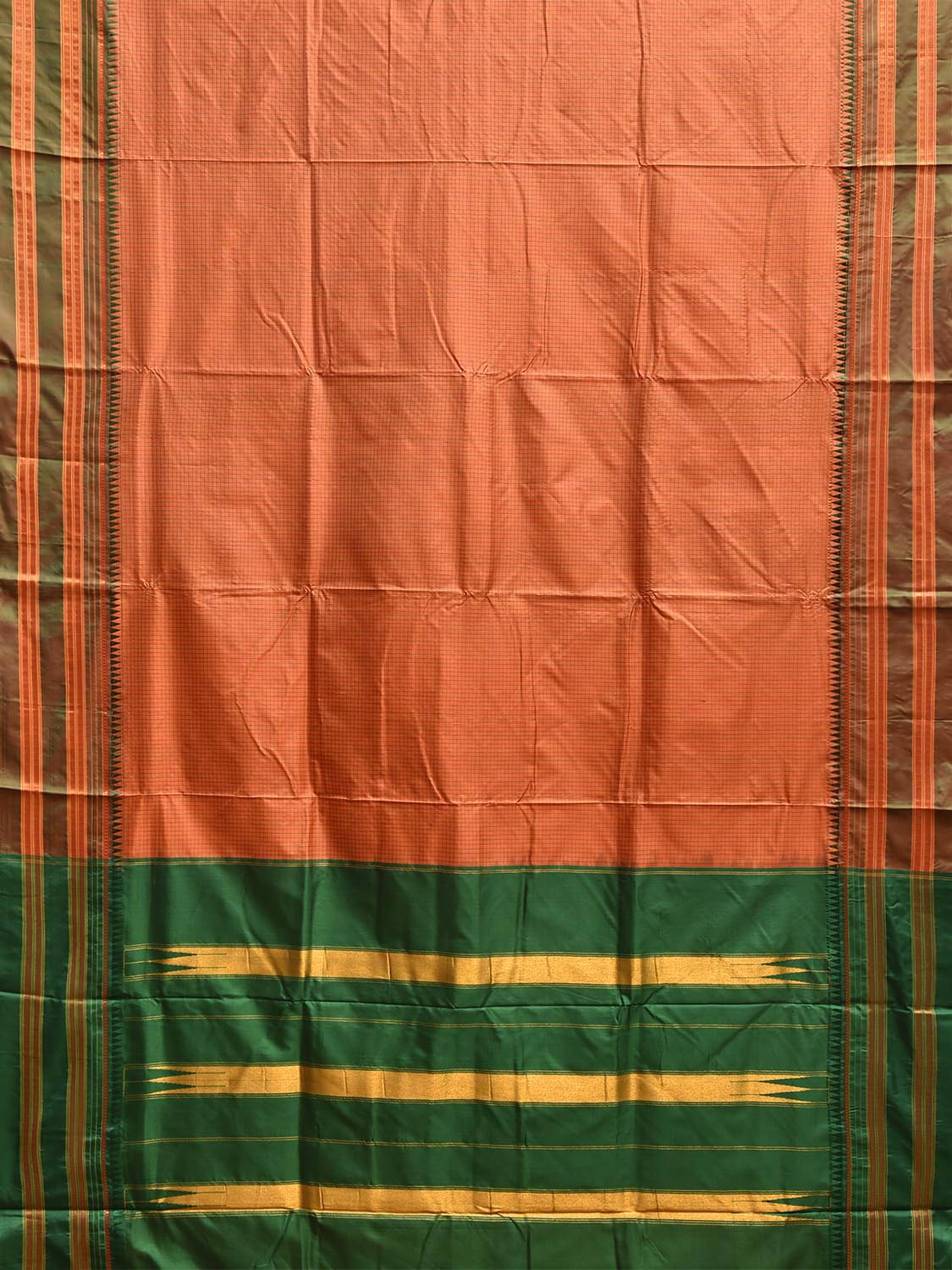 Peach and Green Narayanpet Silk Handloom Saree with Checks and Contrast Pallu Design No Blouse np1273