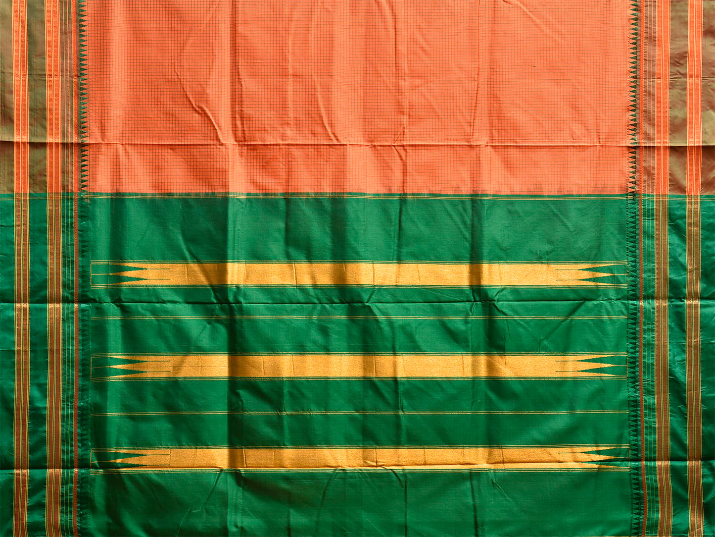 Peach and Green Narayanpet Silk Handloom Saree with Checks and Contrast Pallu Design No Blouse np1273