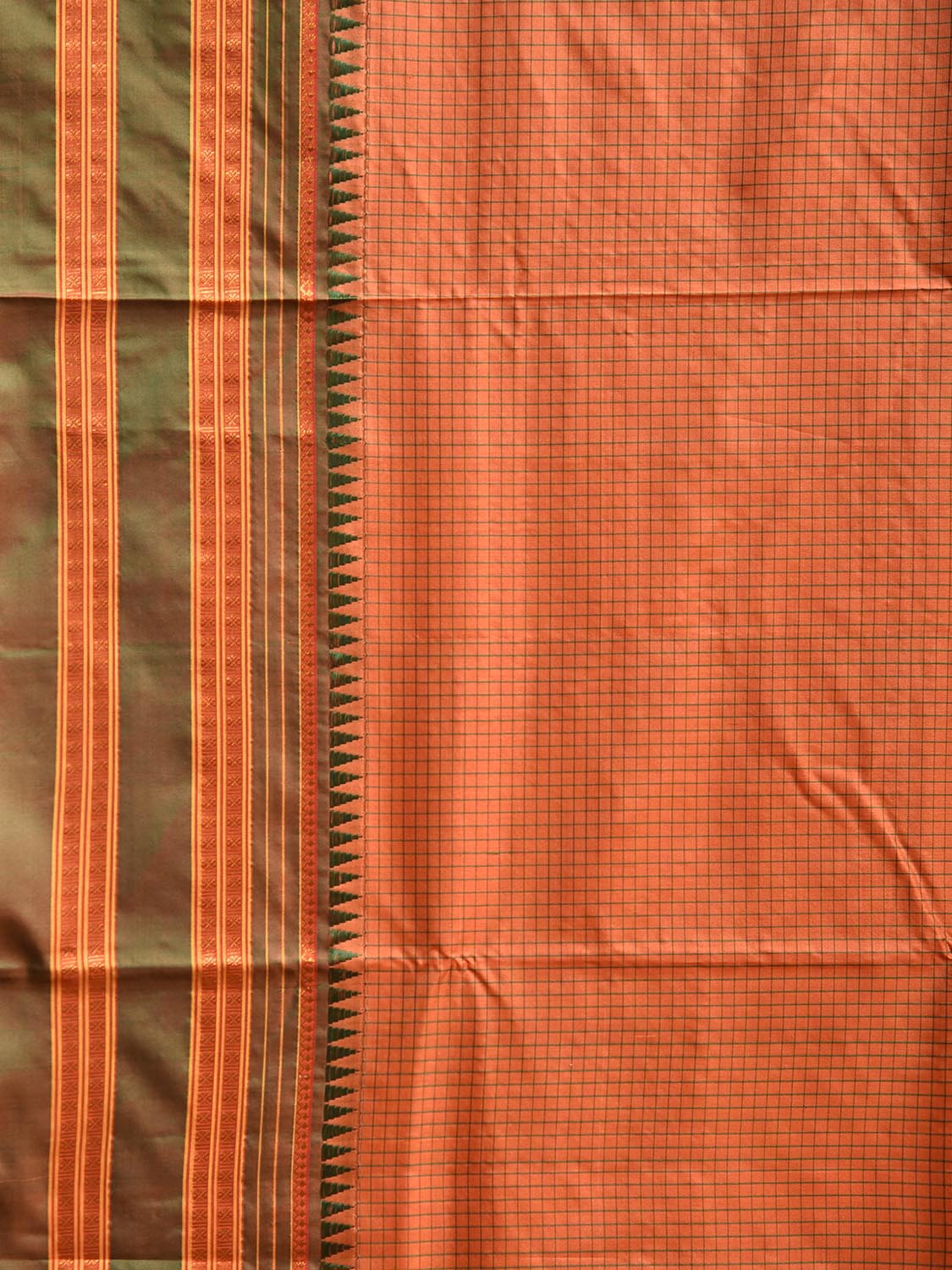 Peach and Green Narayanpet Silk Handloom Saree with Checks and Contrast Pallu Design No Blouse np1273