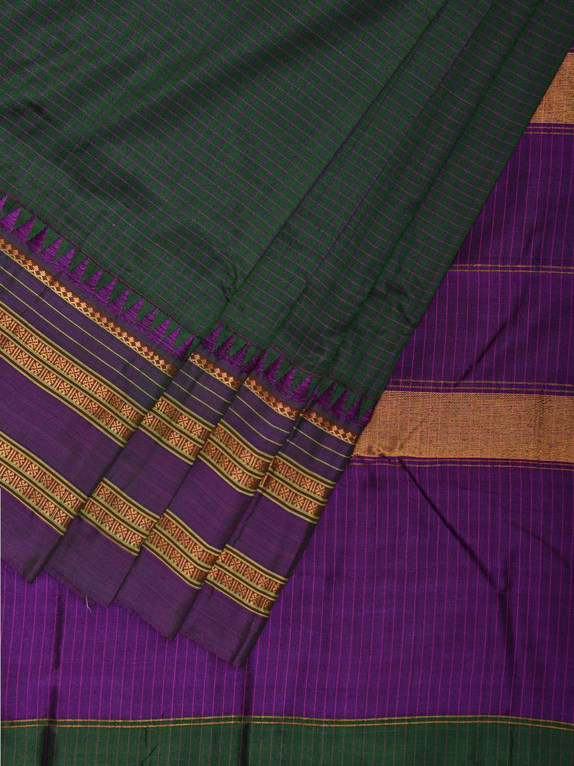 Green and Purple Narayanpet Silk Handloom Saree with Checks and Contrast Pallu Design No Blouse np1274