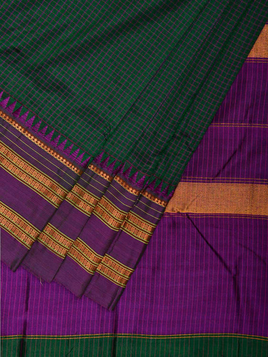 Green and Purple Narayanpet Silk Handloom Saree with Checks and Contrast Pallu Design No Blouse np1274