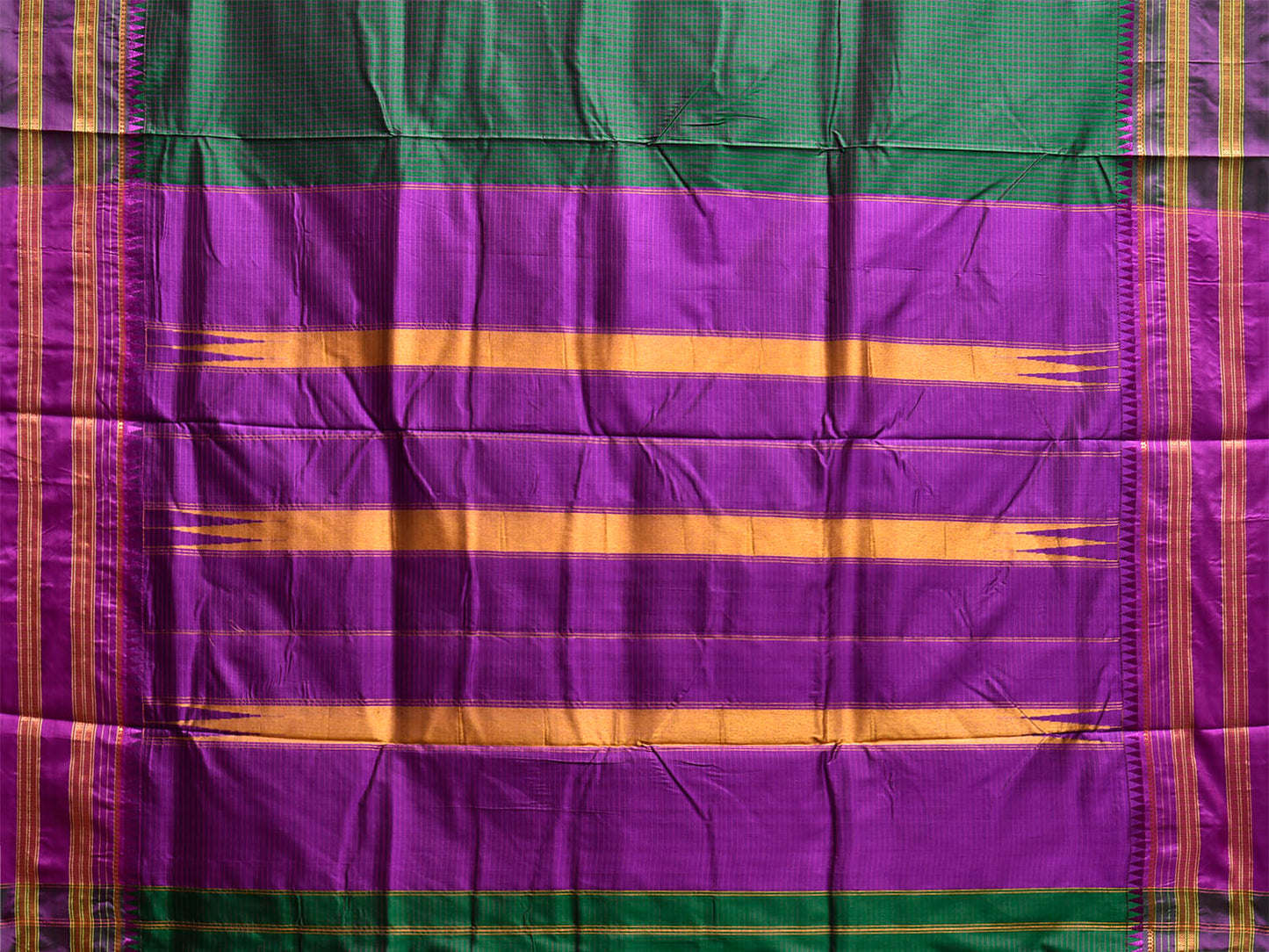 Green and Purple Narayanpet Silk Handloom Saree with Checks and Contrast Pallu Design No Blouse np1274