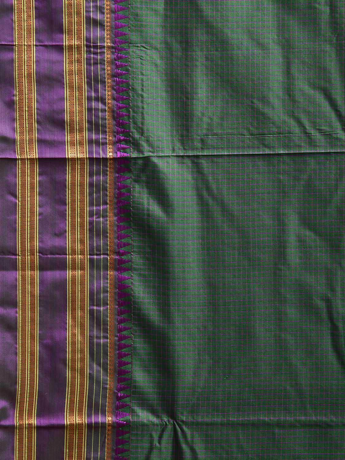 Green and Purple Narayanpet Silk Handloom Saree with Checks and Contrast Pallu Design No Blouse np1274