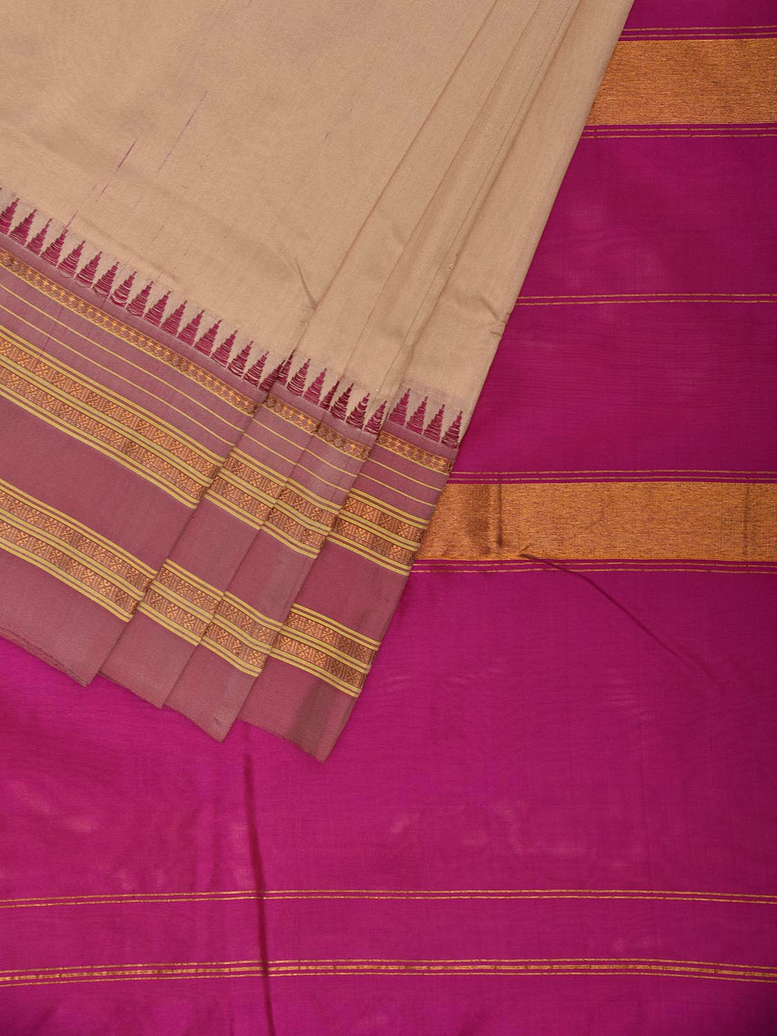 Cream and Pink Narayanpet Silk Handloom Plain Saree with Contrast Pallu Design No Blouse np1275