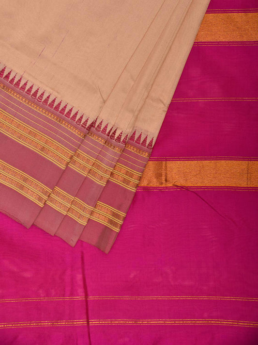 Cream and Pink Narayanpet Silk Handloom Plain Saree with Contrast Pallu Design No Blouse np1275