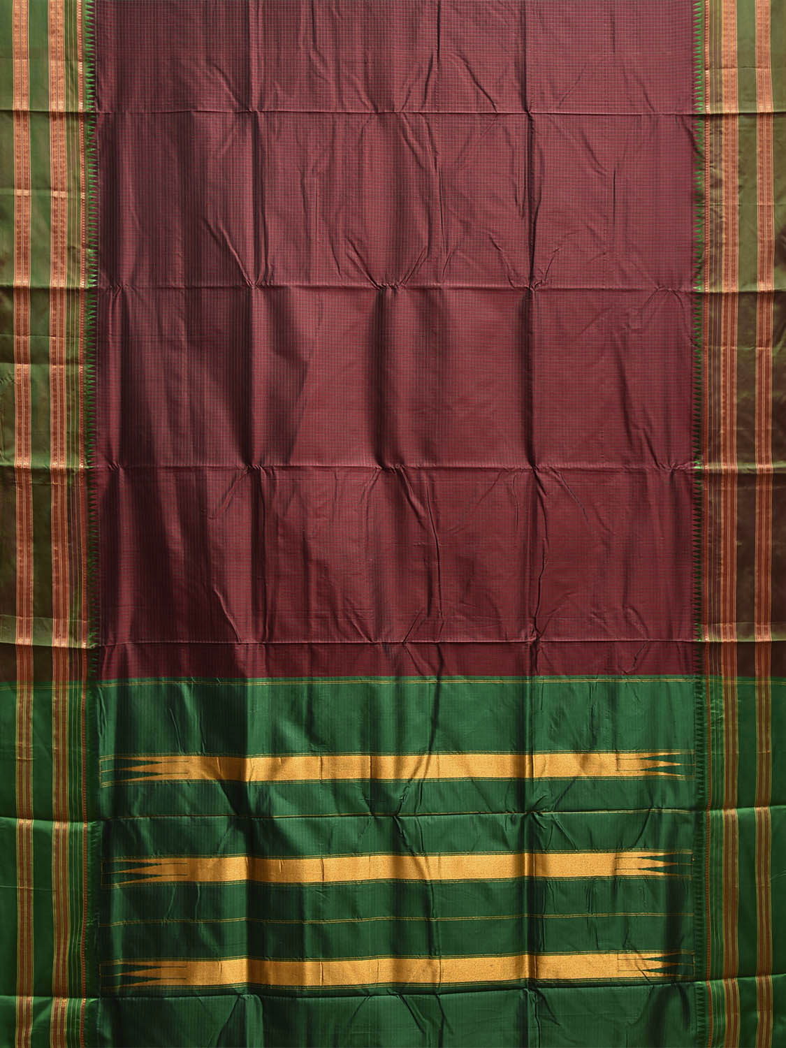 Brown and Green Narayanpet Silk Handloom Saree with Checks and Contrast Pallu Design No Blouse np1277