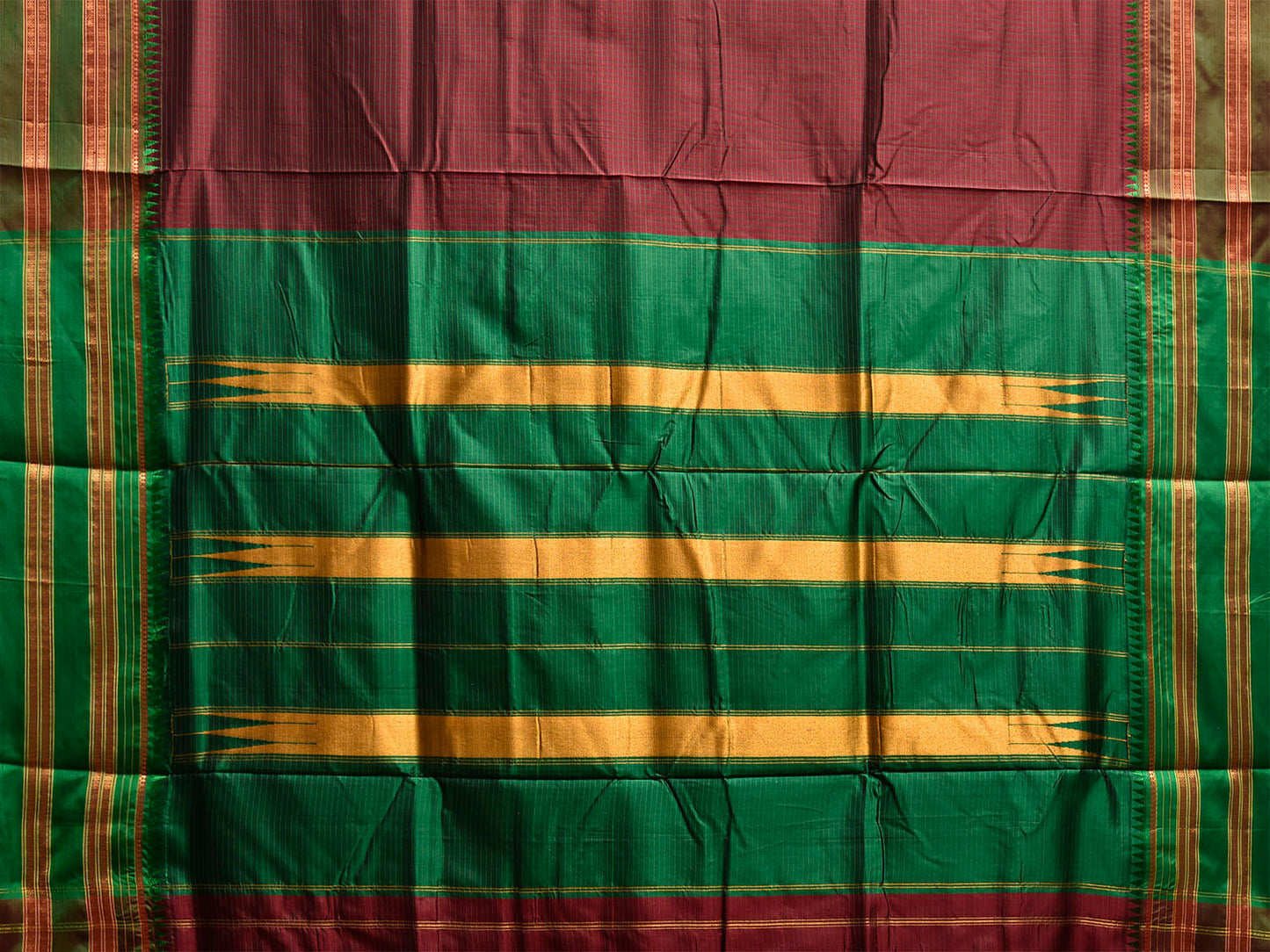 Brown and Green Narayanpet Silk Handloom Saree with Checks and Contrast Pallu Design No Blouse np1277