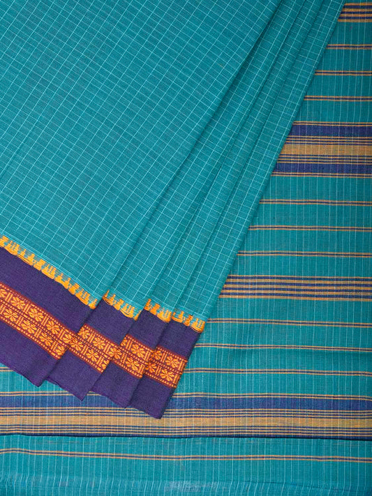 Light Blue and Dark Blue Narayanpet Cotton Handloom Saree with Checks Design No Blouse np1279