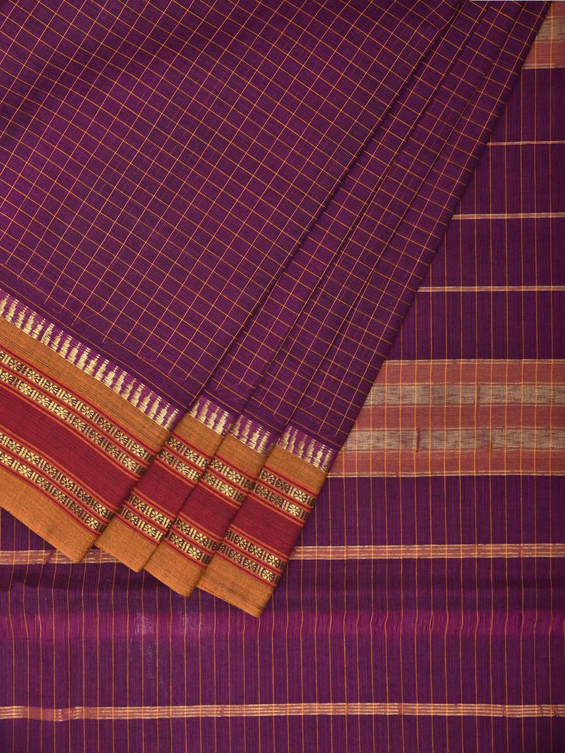 Purple and Yellow Narayanpet Cotton Handloom Saree with Checks Design No Blouse np1284