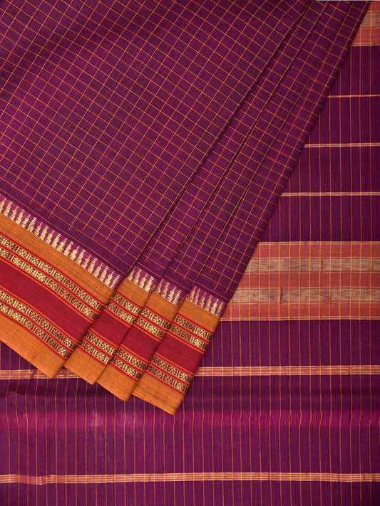 Purple and Yellow Narayanpet Cotton Handloom Saree with Checks Design No Blouse np1284