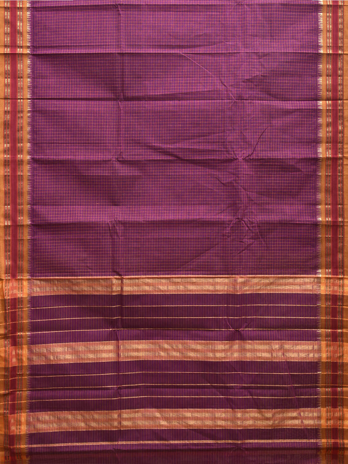 Purple and Yellow Narayanpet Cotton Handloom Saree with Checks Design No Blouse np1284
