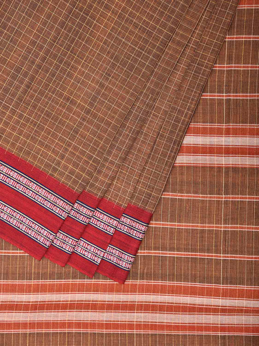 Fawn and Red Narayanpet Cotton Handloom Saree with Checks Design No Blouse np1285