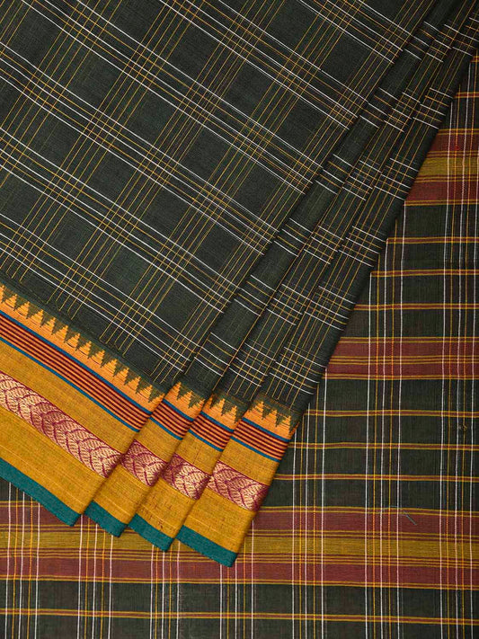 Green and Yellow Narayanpet Cotton Handloom Saree with Big Checks Design No Blouse np1286