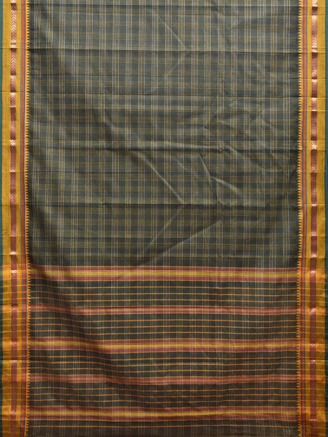 Green and Yellow Narayanpet Cotton Handloom Saree with Big Checks Design No Blouse np1286