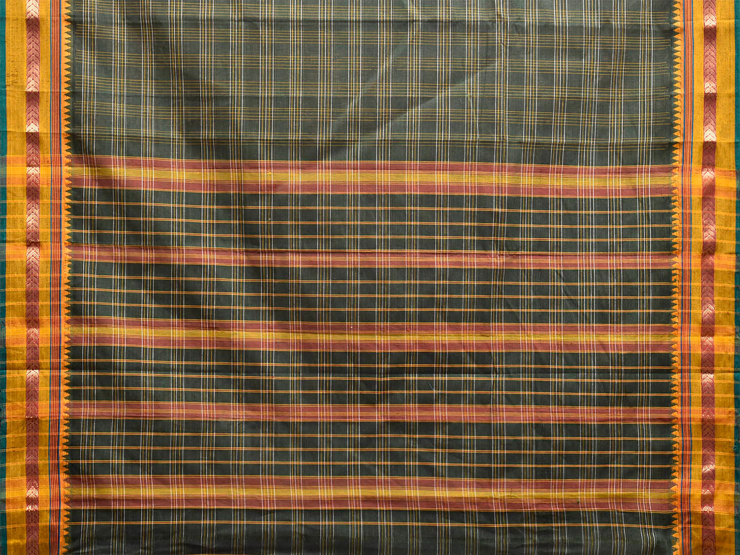 Green and Yellow Narayanpet Cotton Handloom Saree with Big Checks Design No Blouse np1286