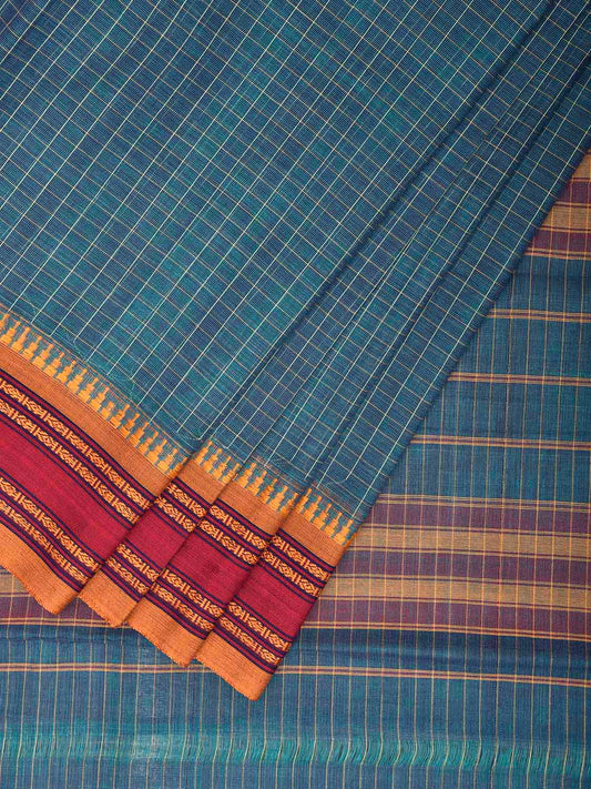 Teal and Yellow Narayanpet Cotton Handloom Saree with Checks Design No Blouse np1287
