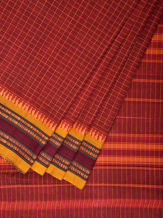 Dark Red and Yellow Narayanpet Cotton Handloom Saree with Checks Design No Blouse np1288