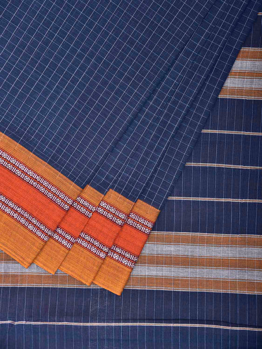 Blue and Yellow Narayanpet Cotton Handloom Saree with Checks Design No Blouse np1289