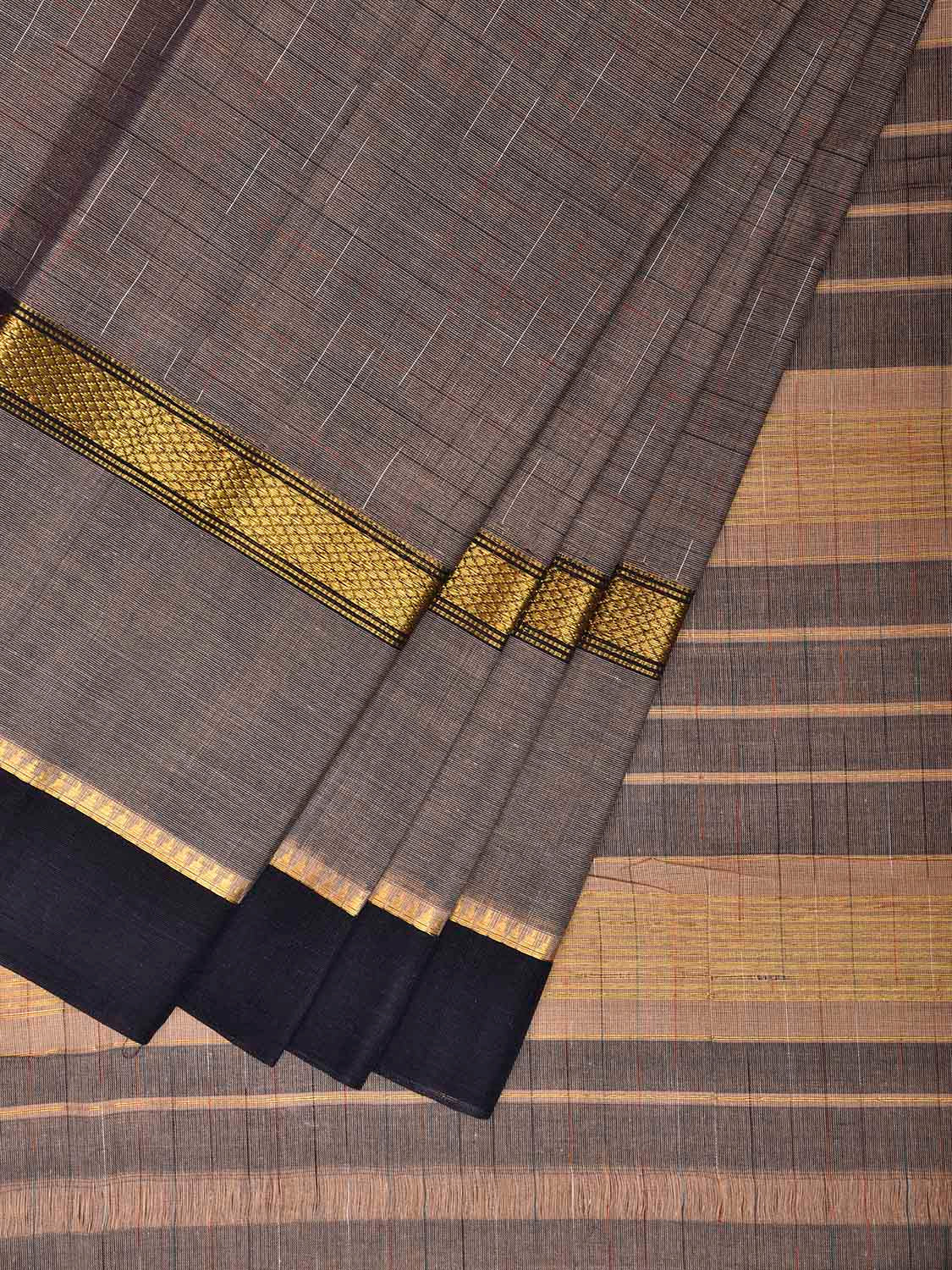 Grey and Black Narayanpet Cotton Handloom Saree with Big Border Design No Blouse np1290