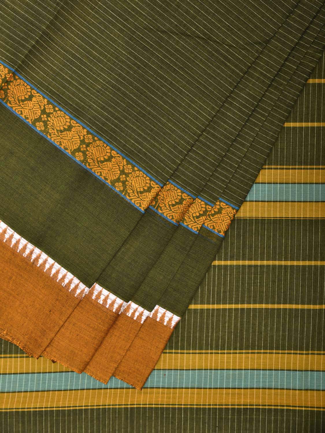 Dark Green and Yellow Narayanpet Cotton Handloom Saree with Strips and Big Border Design No Blouse np1291