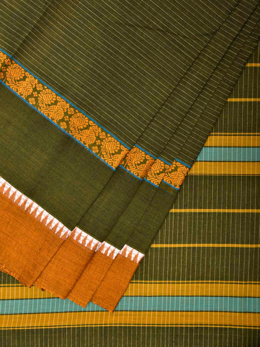 Dark Green and Yellow Narayanpet Cotton Handloom Saree with Strips and Big Border Design No Blouse np1291