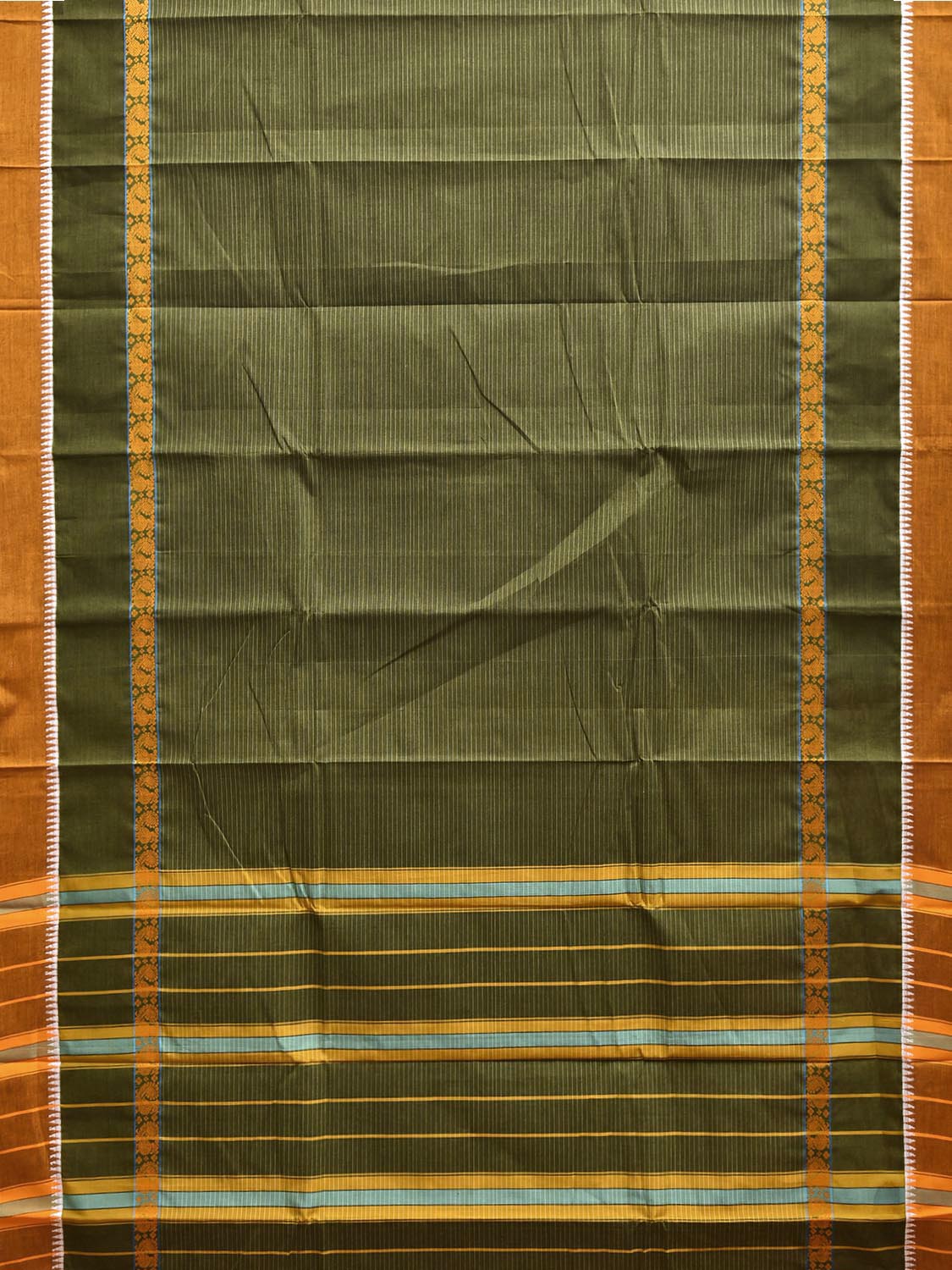Dark Green and Yellow Narayanpet Cotton Handloom Saree with Strips and Big Border Design No Blouse np1291